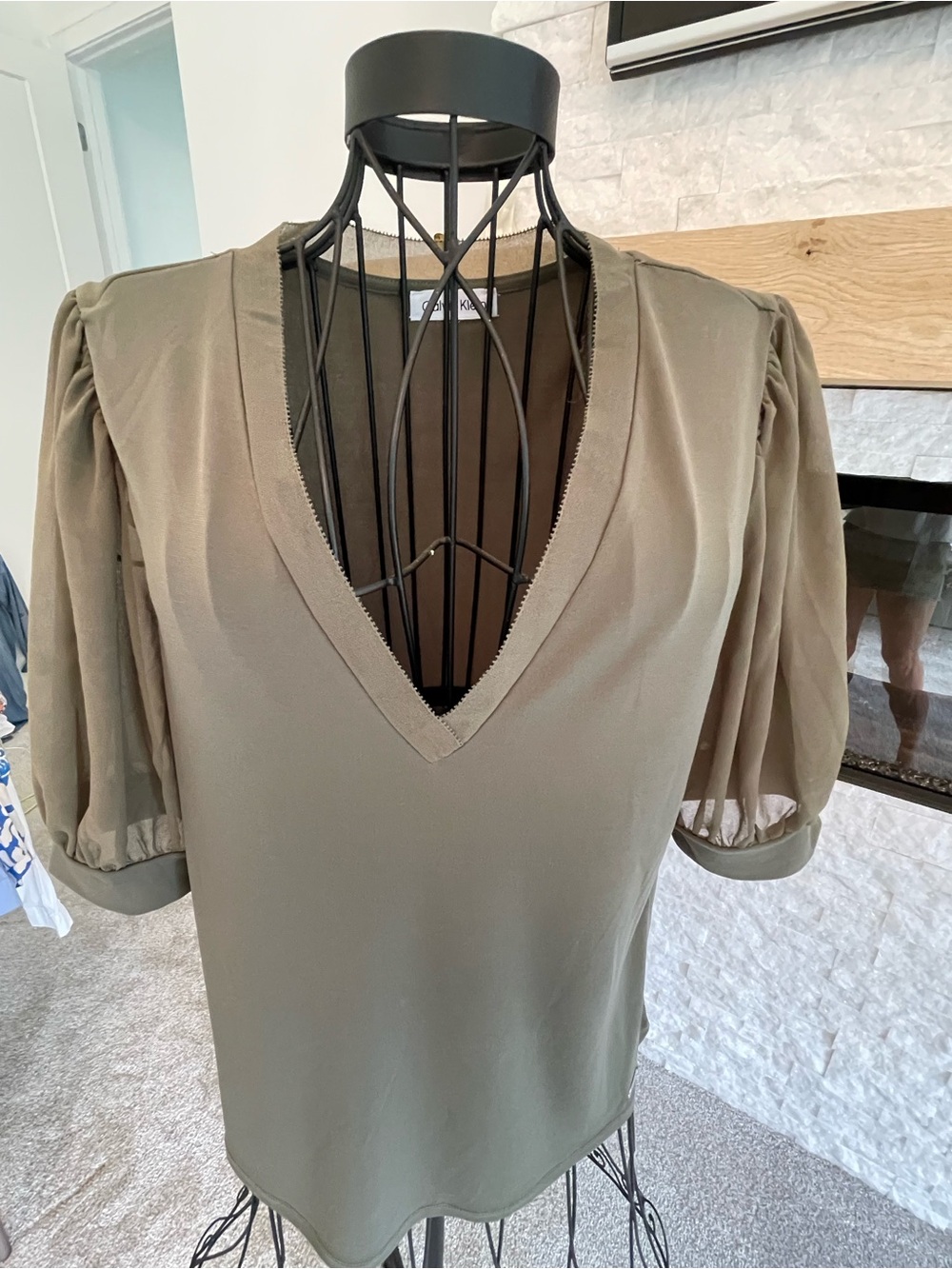 Calvin Klein Olive V-Neck Puff Sleeve Blouse